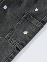 Young Girl Sweet Flower Embroidery Elastic Waist Adjustable Drawstring Wide Leg Casual Comfy Denim Blue Pants